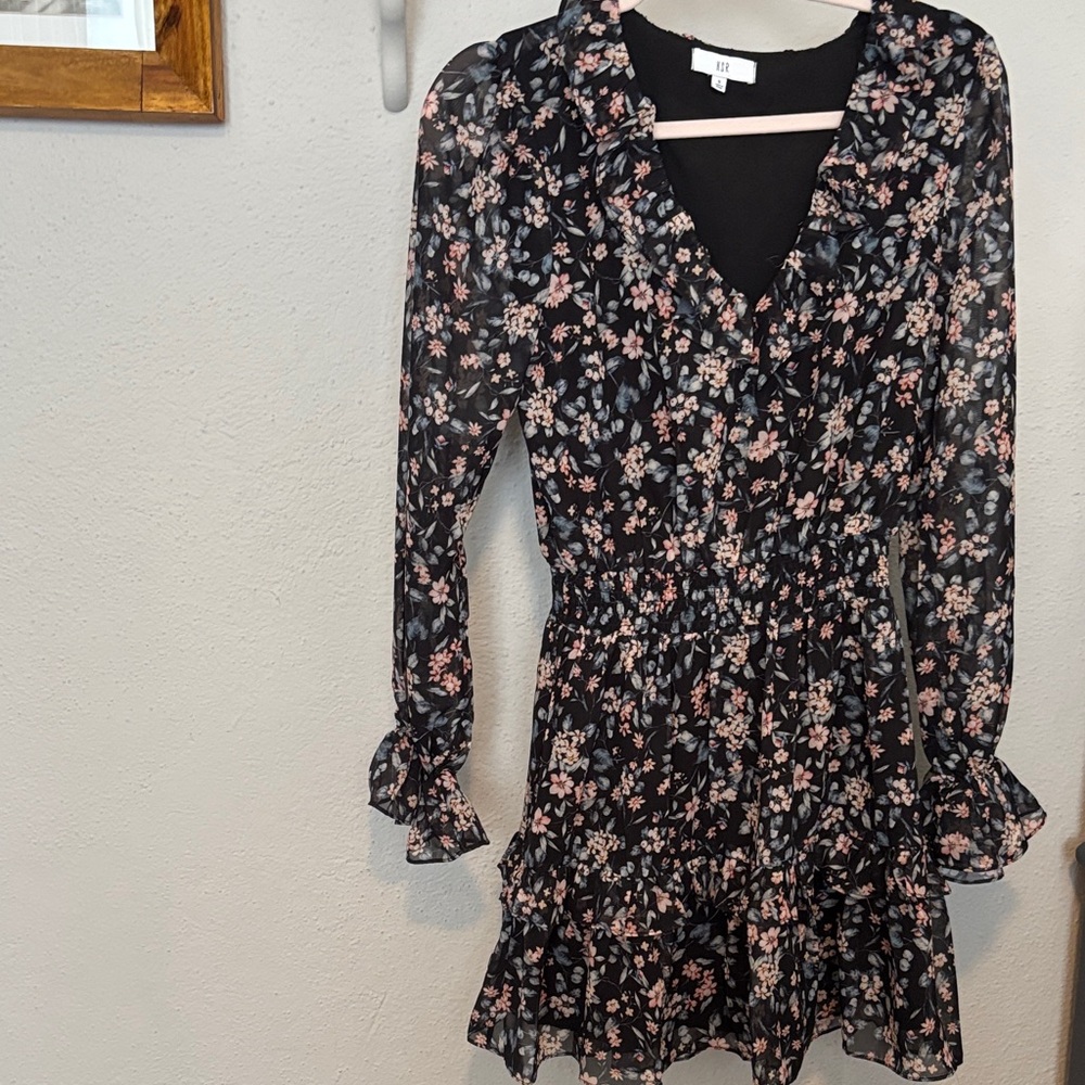 NSR Black Long-Sleeve Floral Ruffle Dress Size Small